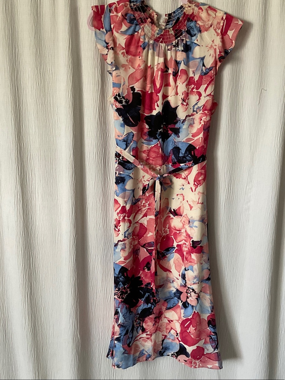 Nina Leonard Watercolor Floral Tie-Waist Dress in Pink, Blue & Cream